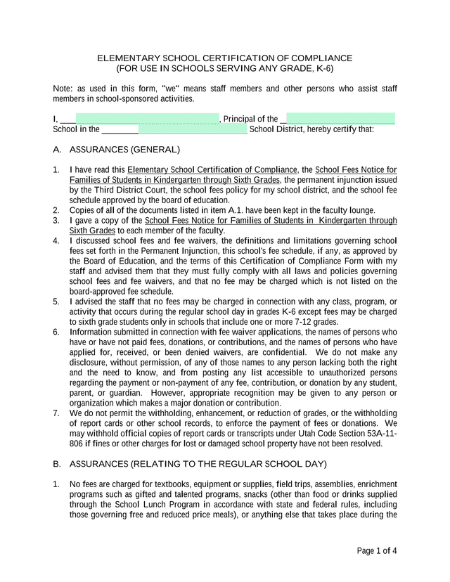 Elementary School Certification Of Compliance screenshot
