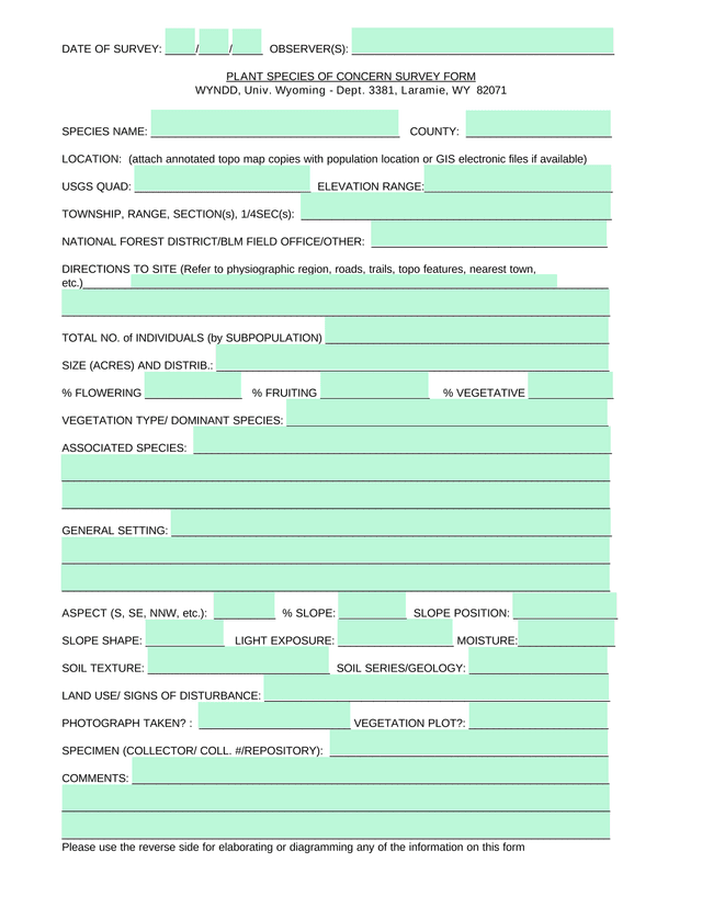 Plant Species Of Concern Survey Form screenshot