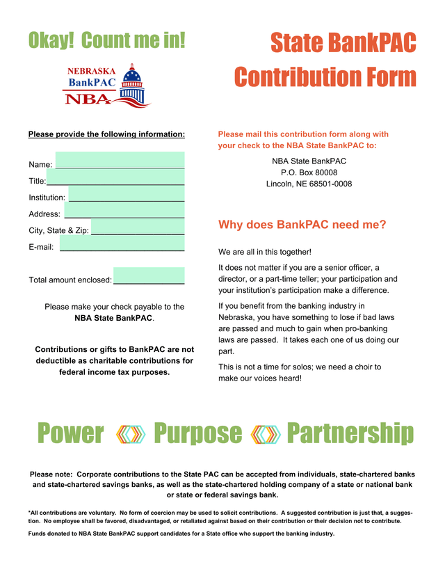 State BankPAC Contribution Form screenshot