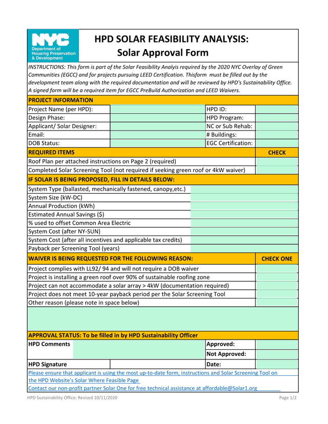 HPD Solar Feasibility Analysis Solar Approval Form screenshot