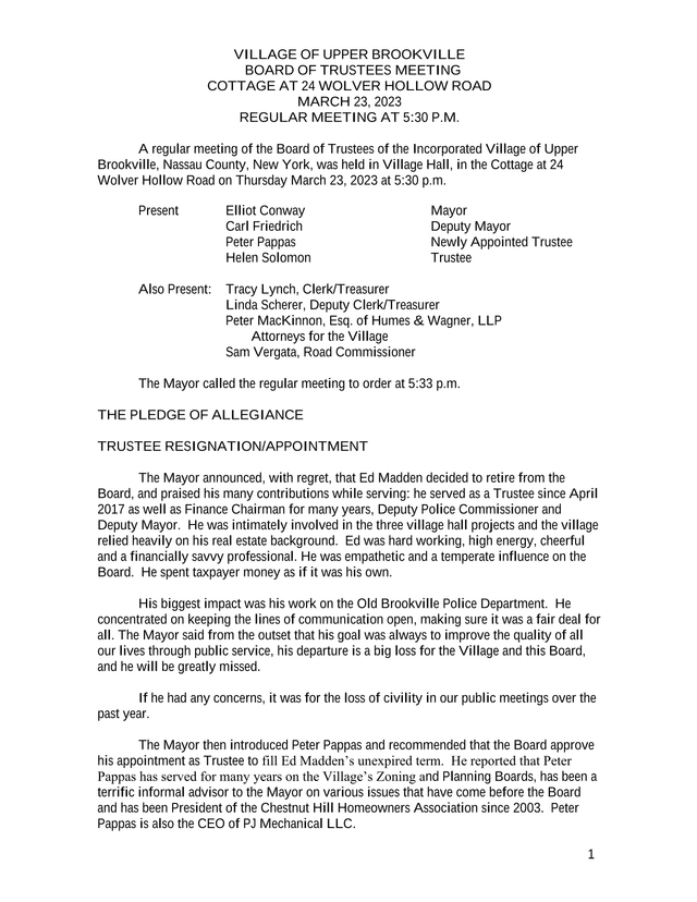 Village Of Upper Brookville Board Of Trustees Meeting Minutes screenshot