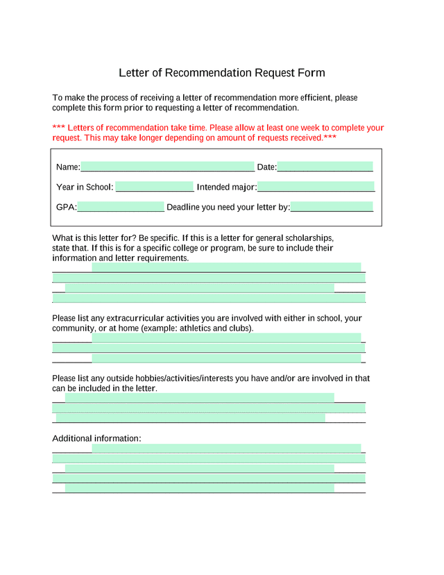 Letter Of Recommendation Request Form screenshot