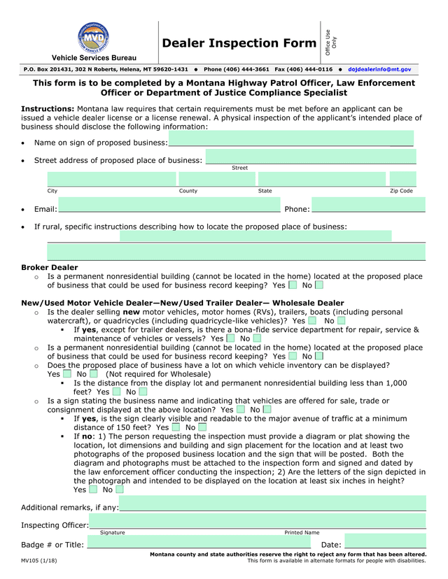Dealer Inspection Form screenshot