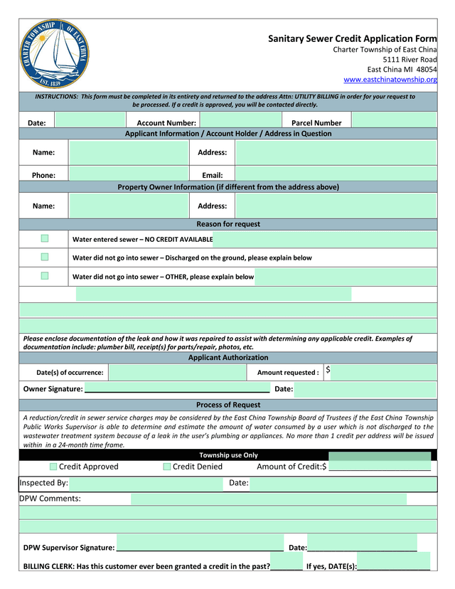 Sanitary Sewer Credit Application Form screenshot
