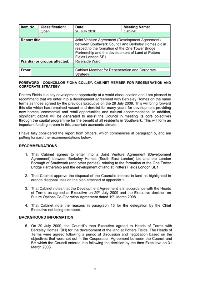Joint Venture Agreement (Development Agreement) Between Southwark Council And Berkeley Homes Plc screenshot