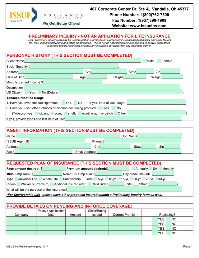 Preliminary Inquiry   Life Insurance screenshot