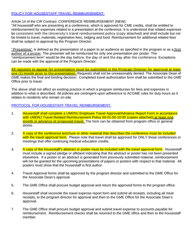 Policy For Housestaff Travel Reimbursement screenshot