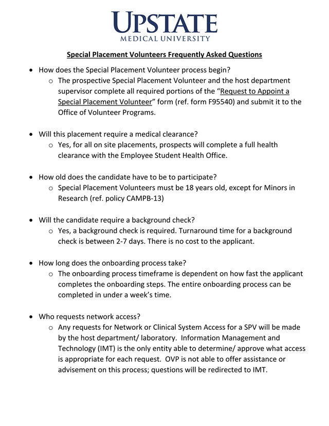 Special Placement Volunteers Frequently Asked Questions screenshot
