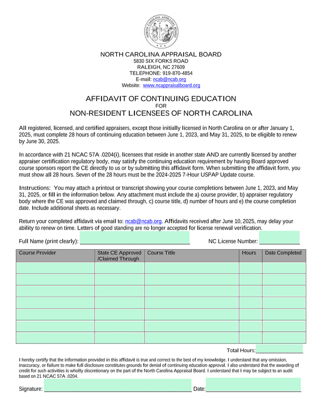 Affidavit Of Continuing Education For Non Resident Licensees Of North Carolina screenshot