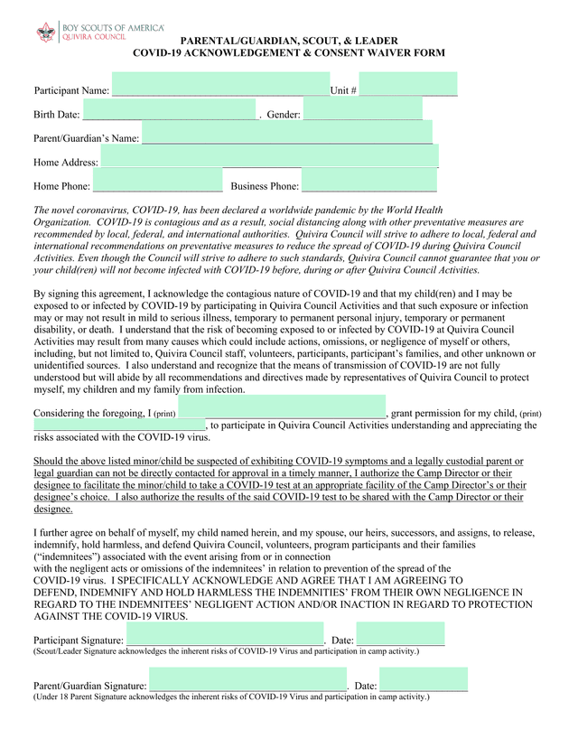 PARENTALGUARDIAN, SCOUT,  LEADER COVID 19 ACKNOWLEDGEMENT  CONSENT WAIVER FORM screenshot