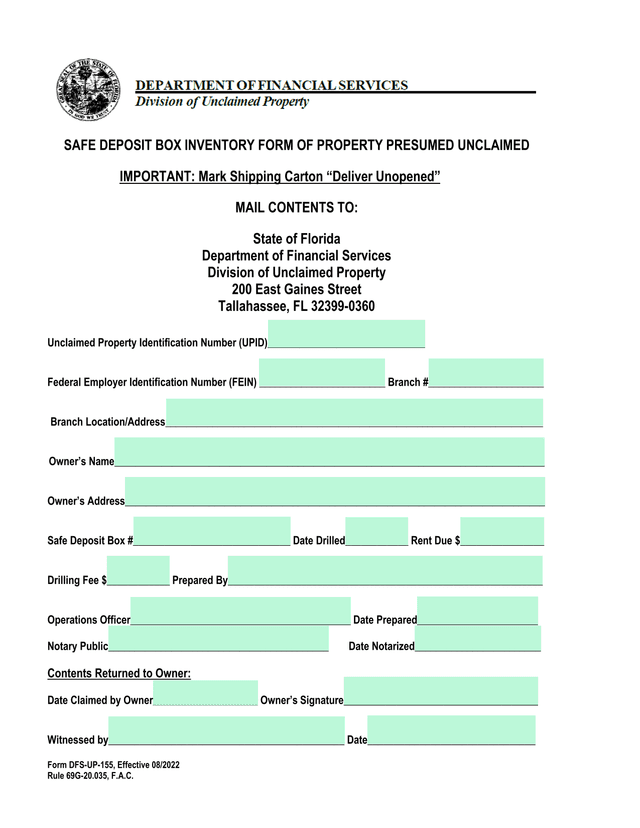 SAFE DEPOSIT BOX INVENTORY FORM OF PROPERTY PRESUMED UNCLAIMED screenshot