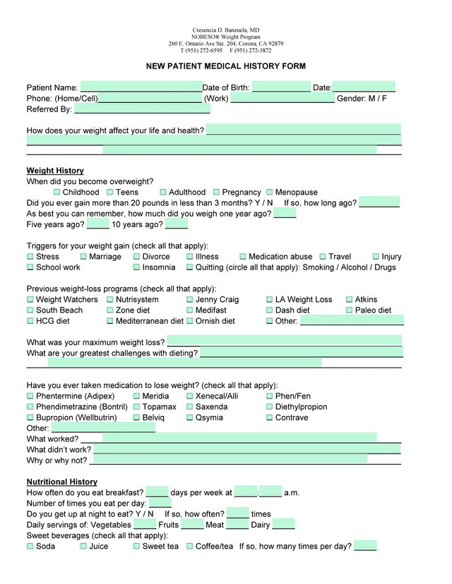 NEW PATIENT MEDICAL HISTORY FORM screenshot