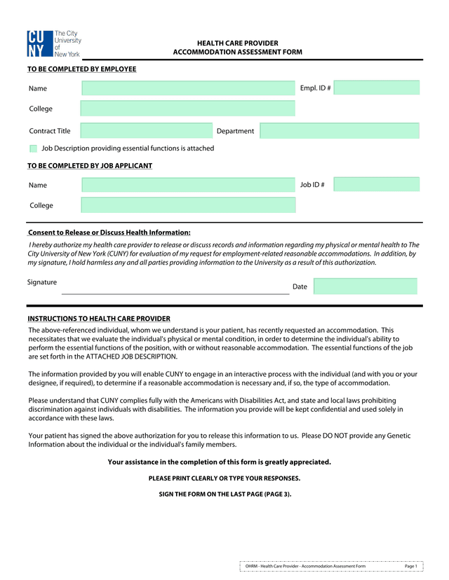 Health Care Provider Accommodation Assessment Form screenshot