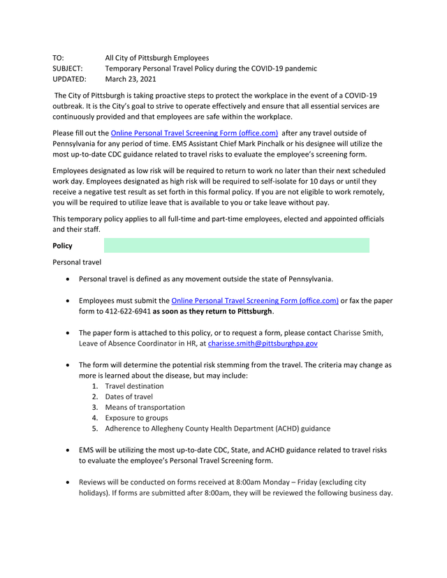Temporary Personal Travel Policy During The COVID 19 Pandemic screenshot