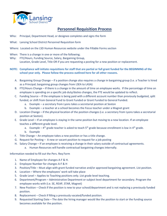 Lansing School District Personnel Requisition Form screenshot