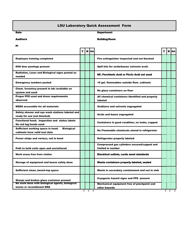 LSU Laboratory Quick Assessment Form screenshot