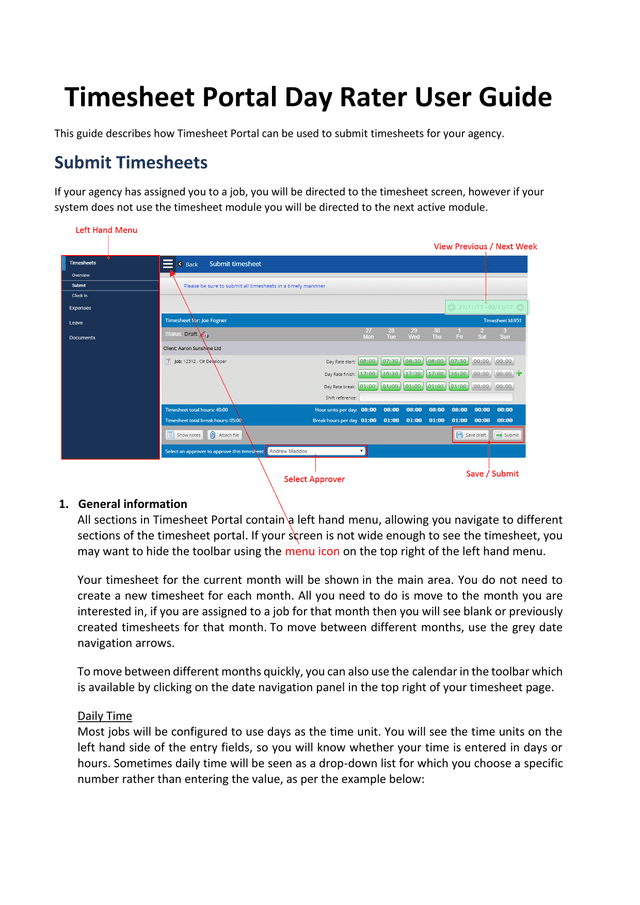 Timesheet Portal Day Rater User Guide screenshot