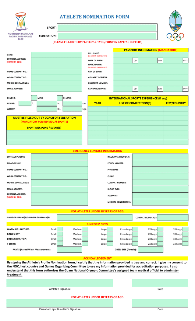 Athlete Nomination Form screenshot