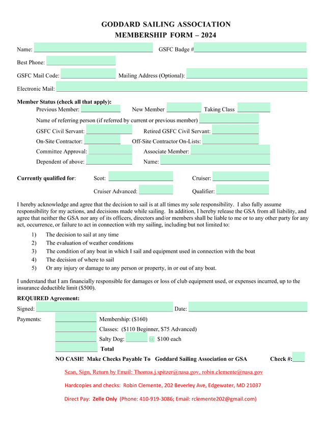 GODDARD SAILING ASSOCIATION MEMBERSHIP FORM  2024 screenshot