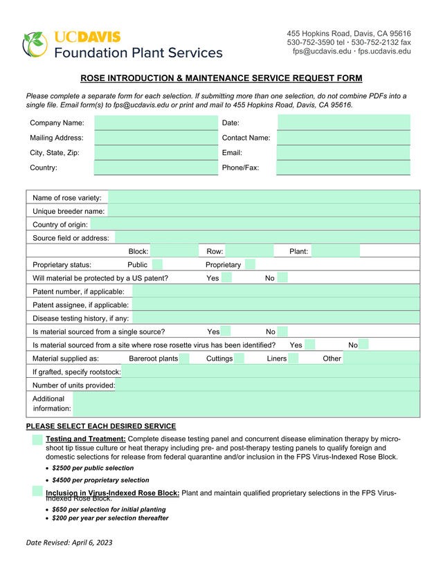 ROSE INTRODUCTION  MAINTENANCE SERVICE REQUEST FORM screenshot