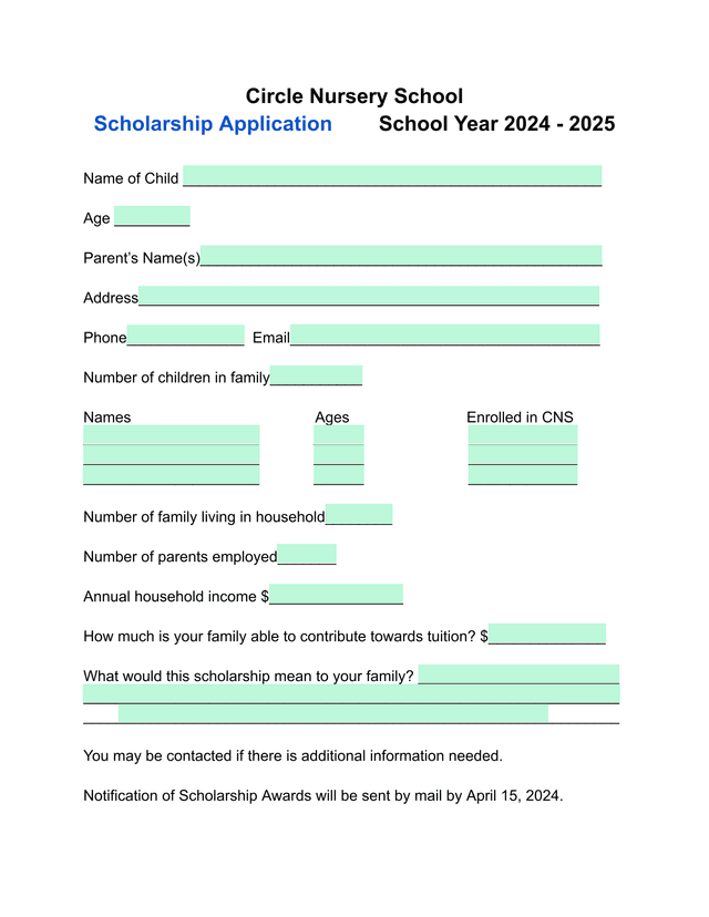 Circle Nursery School Scholarship Application screenshot