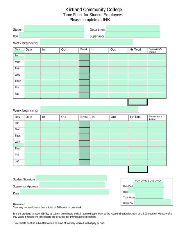 Kirtland Community College Time Sheet For Student Employees screenshot
