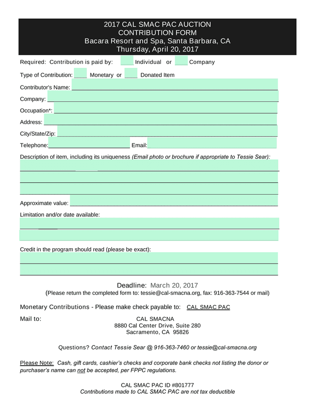 2017 CAL SMAC PAC AUCTION CONTRIBUTION FORM screenshot