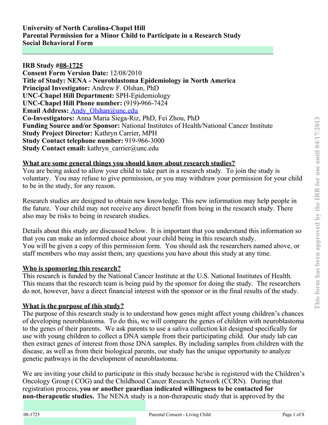 Parental Permission For A Minor Child To Participate In A Research Study screenshot