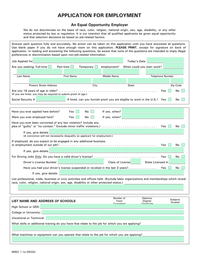 APPLICATION FOR EMPLOYMENT screenshot
