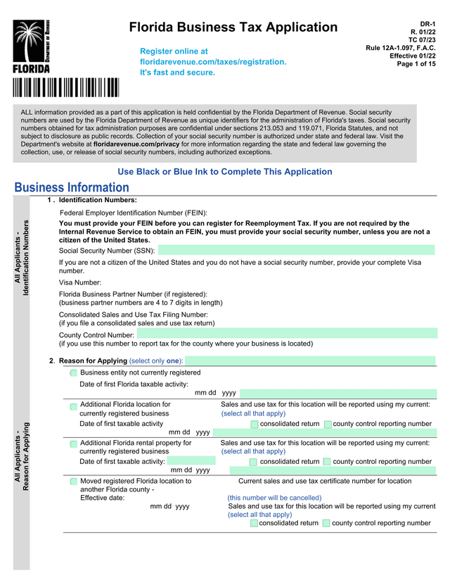 DR 1 Florida Business Tax Application screenshot