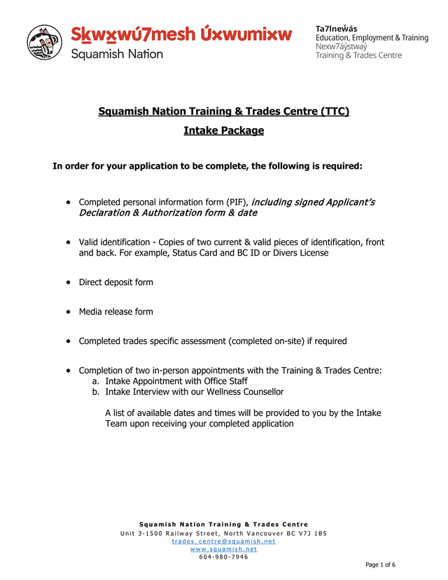 Squamish Nation Training  Trades Centre (TTC) Intake Package screenshot