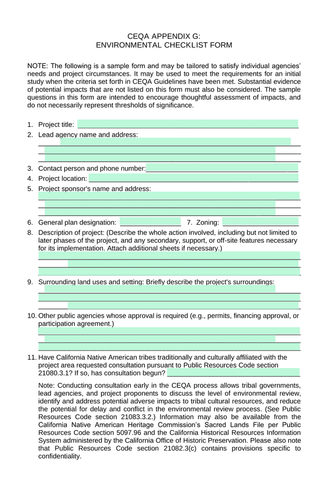 CEQA APPENDIX G ENVIRONMENTAL CHECKLIST FORM screenshot
