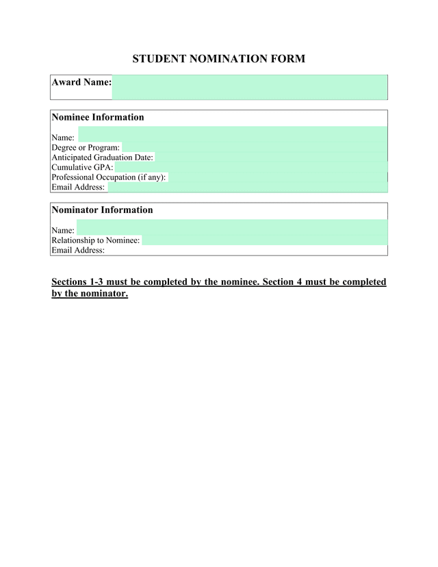 STUDENT NOMINATION FORM screenshot