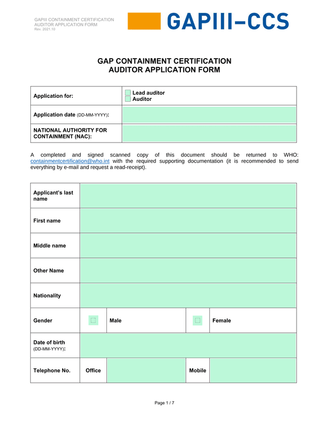 GAPIII CONTAINMENT CERTIFICATION AUDITOR APPLICATION FORM screenshot