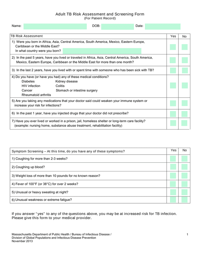 Adult TB Risk Assessment And Screening Form screenshot