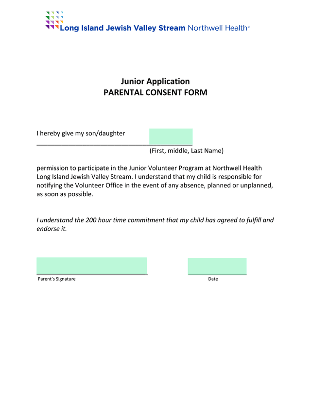 Junior Application Parental Consent Form screenshot