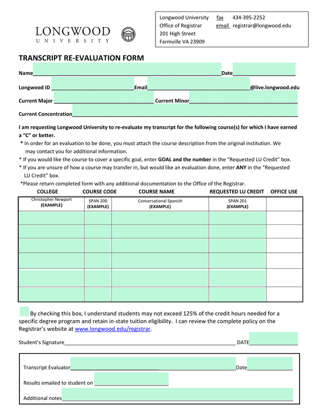 Transcript Re Evaluation Form screenshot