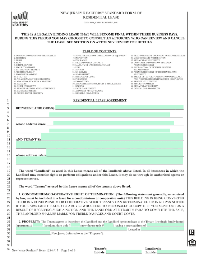 New Jersey Realtors Standard Form Of Residential Lease screenshot