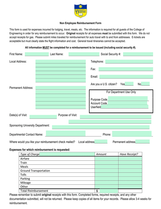 Non Employee Reimbursement Form screenshot