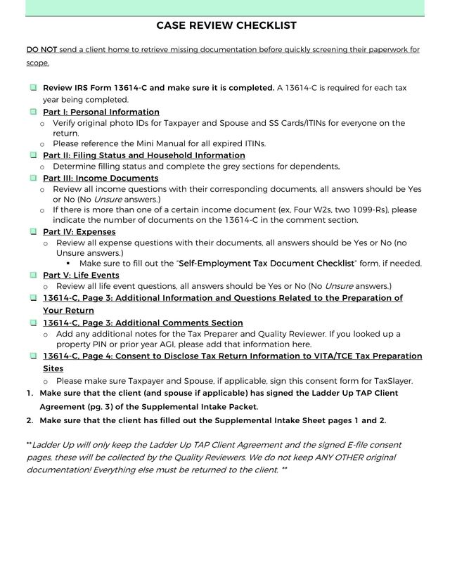 Case Review Checklist screenshot