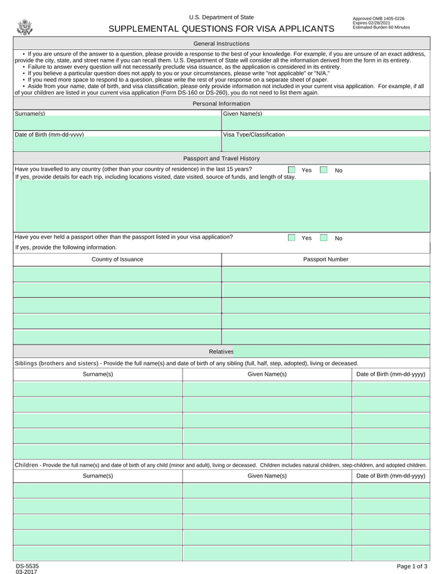 DS 5535 Supplemental Questions For Visa Applicants screenshot