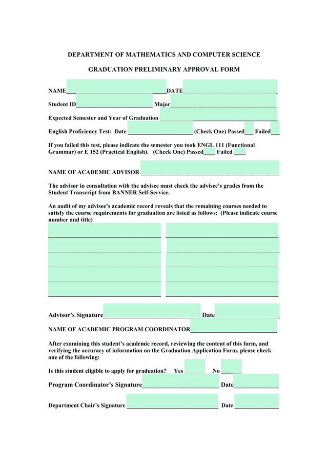 Graduation Preliminary Approval Form screenshot