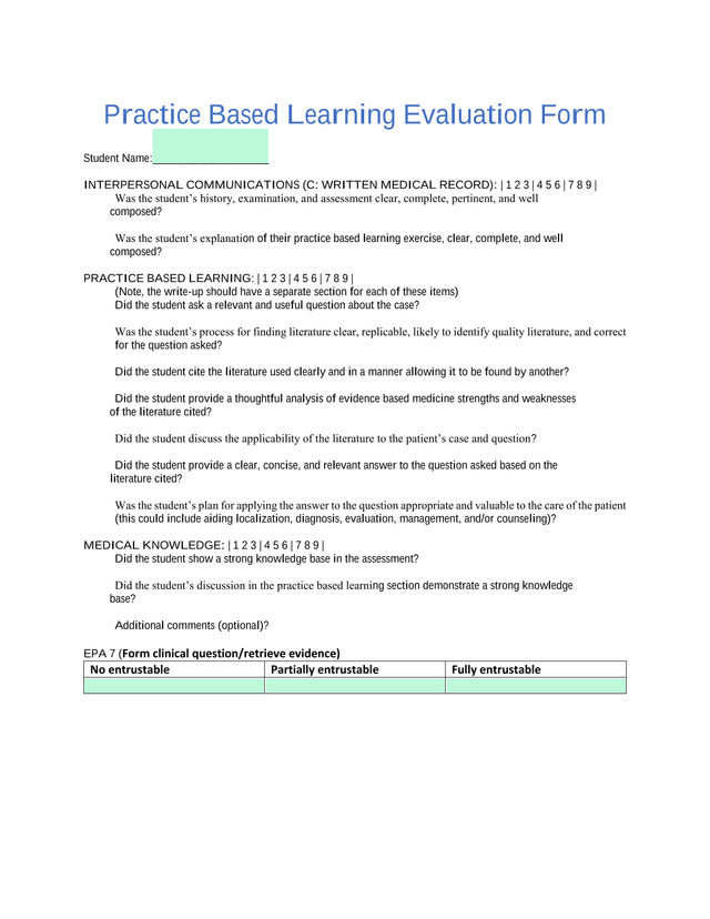 Practice Based Learning Evaluation Form screenshot