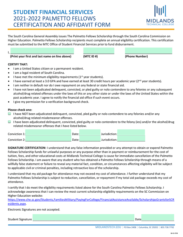 Palmetto Fellows Certification And Affidavit Form screenshot
