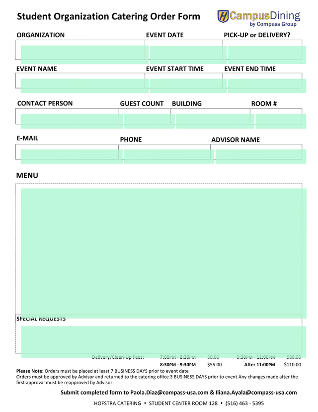 Student Organization Catering Order Form screenshot