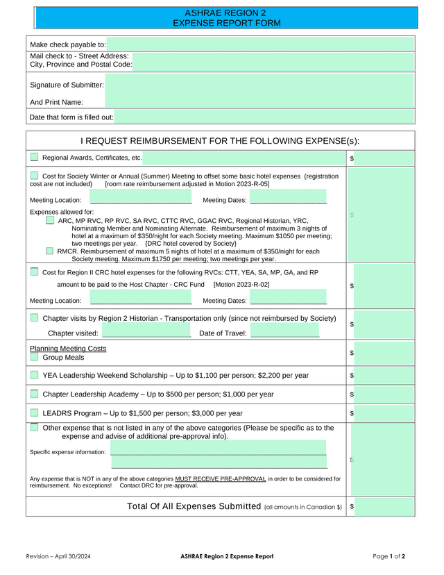 ASHRAE Region 2 Expense Report Form screenshot