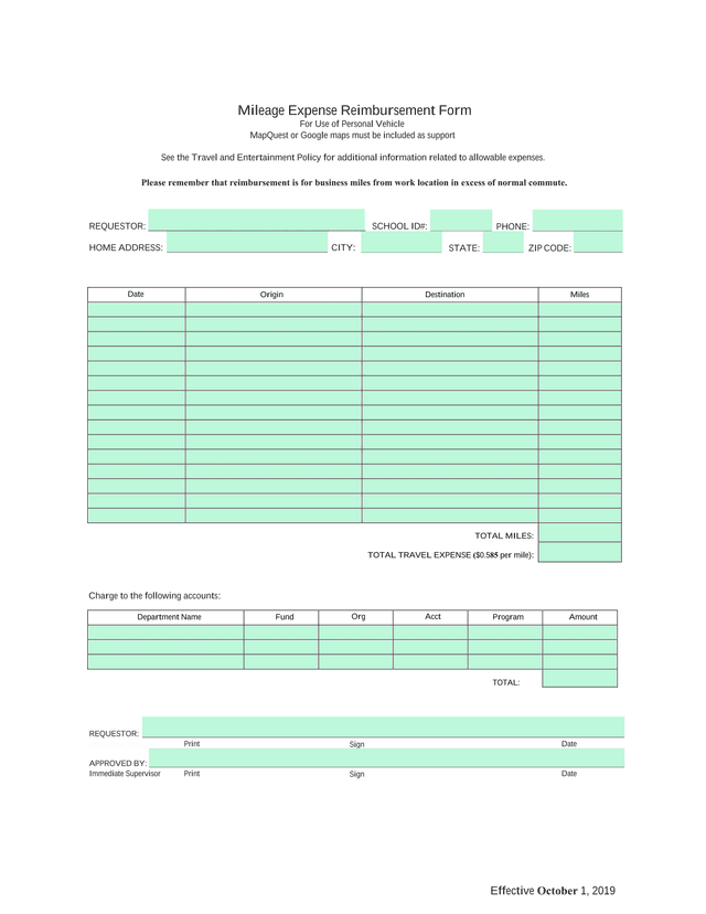 Mileage Expense Reimbursement Form screenshot