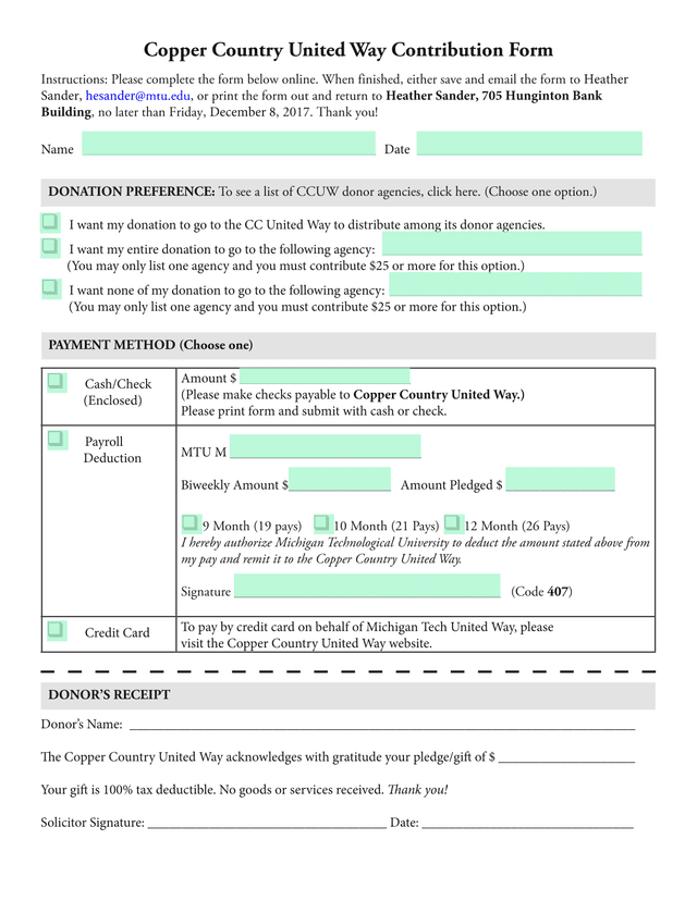 Copper Country United Way Contribution Form screenshot