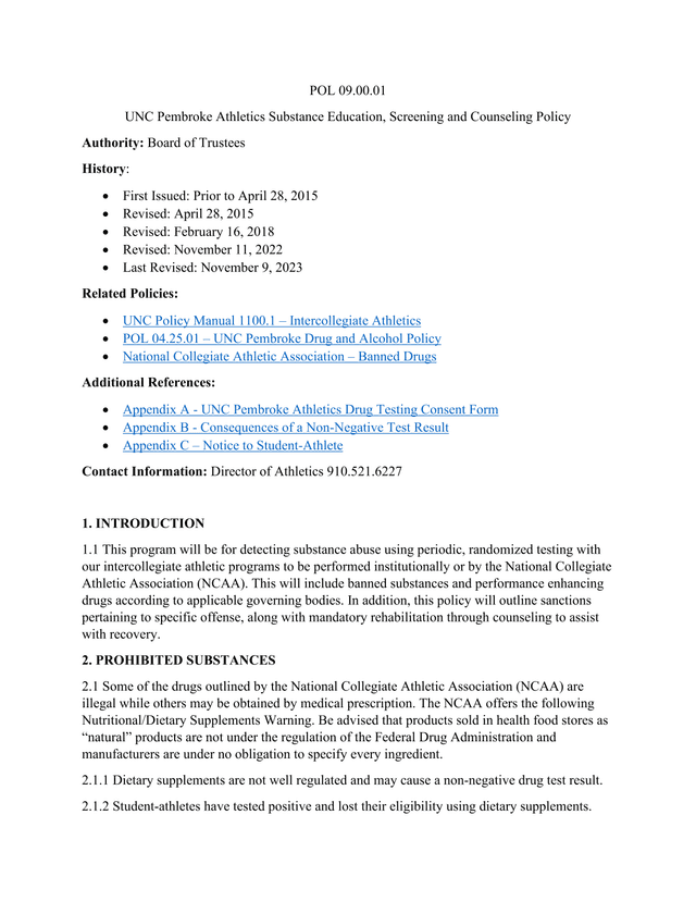 POL 09.00.01 UNC Pembroke Athletics Substance Education, Screening And Counseling Policy screenshot