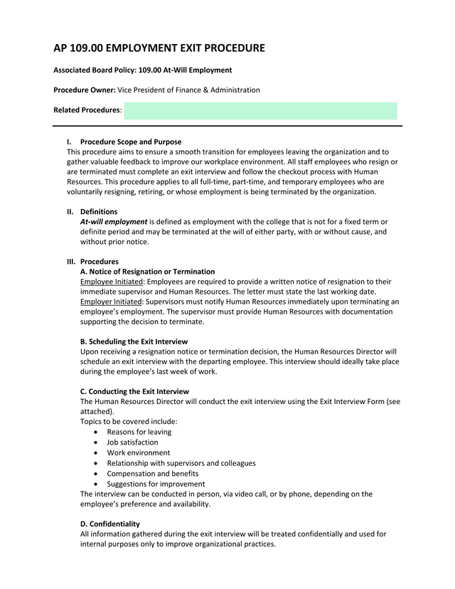 AP 109.00 Employment Exit Procedure screenshot
